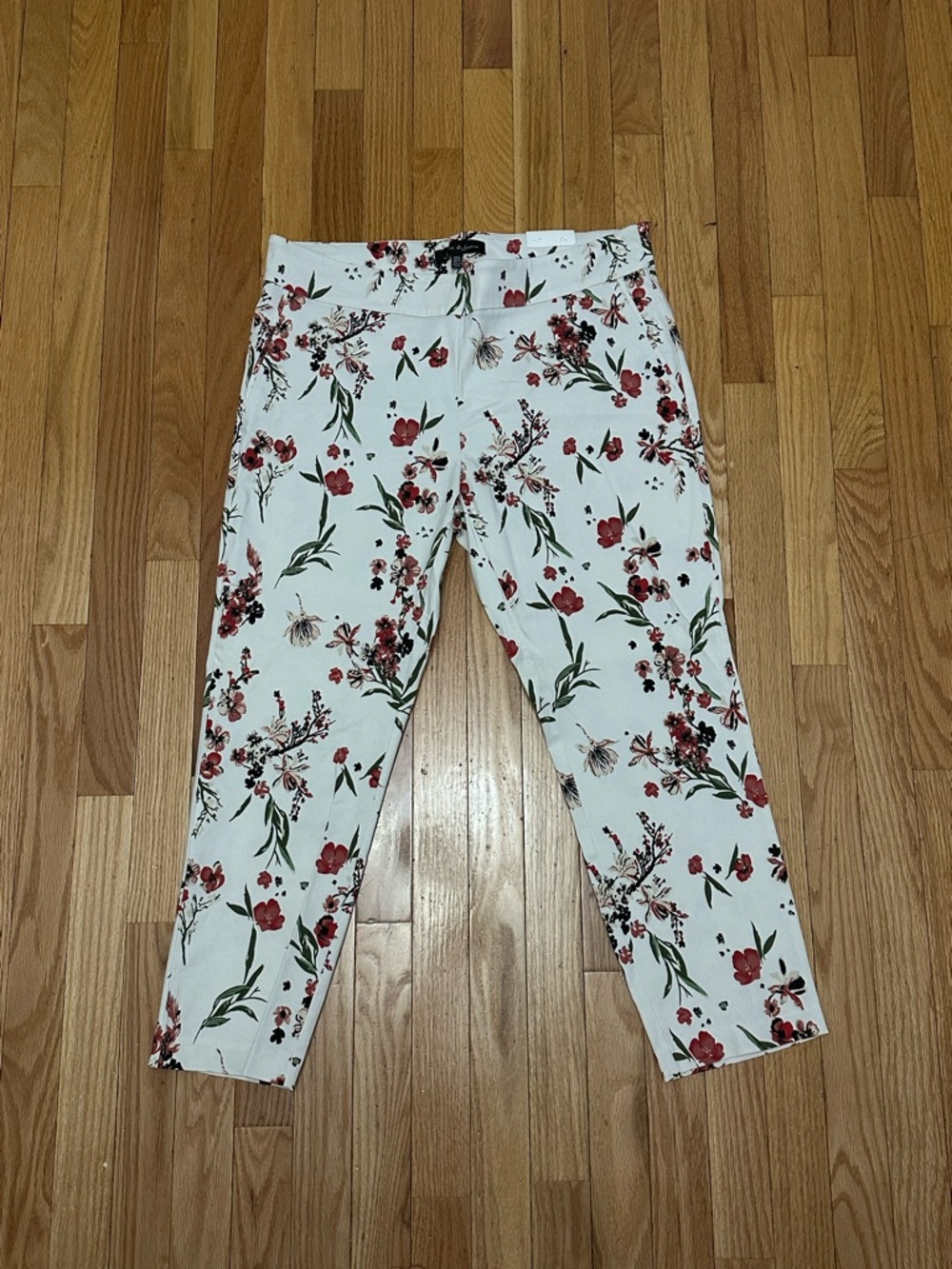 Floral Straight Leg Pants - White with Red Floral Print